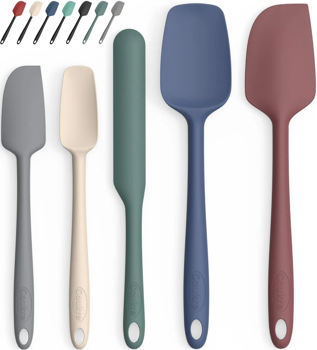 Five colourful silicone spatulas with rectangular heads and hanging holes