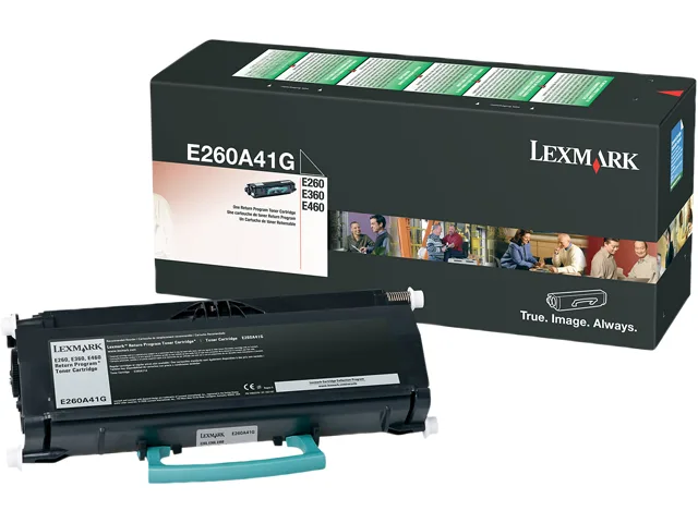 Rectangular black Lexmark toner cartridge E260A41G single pack