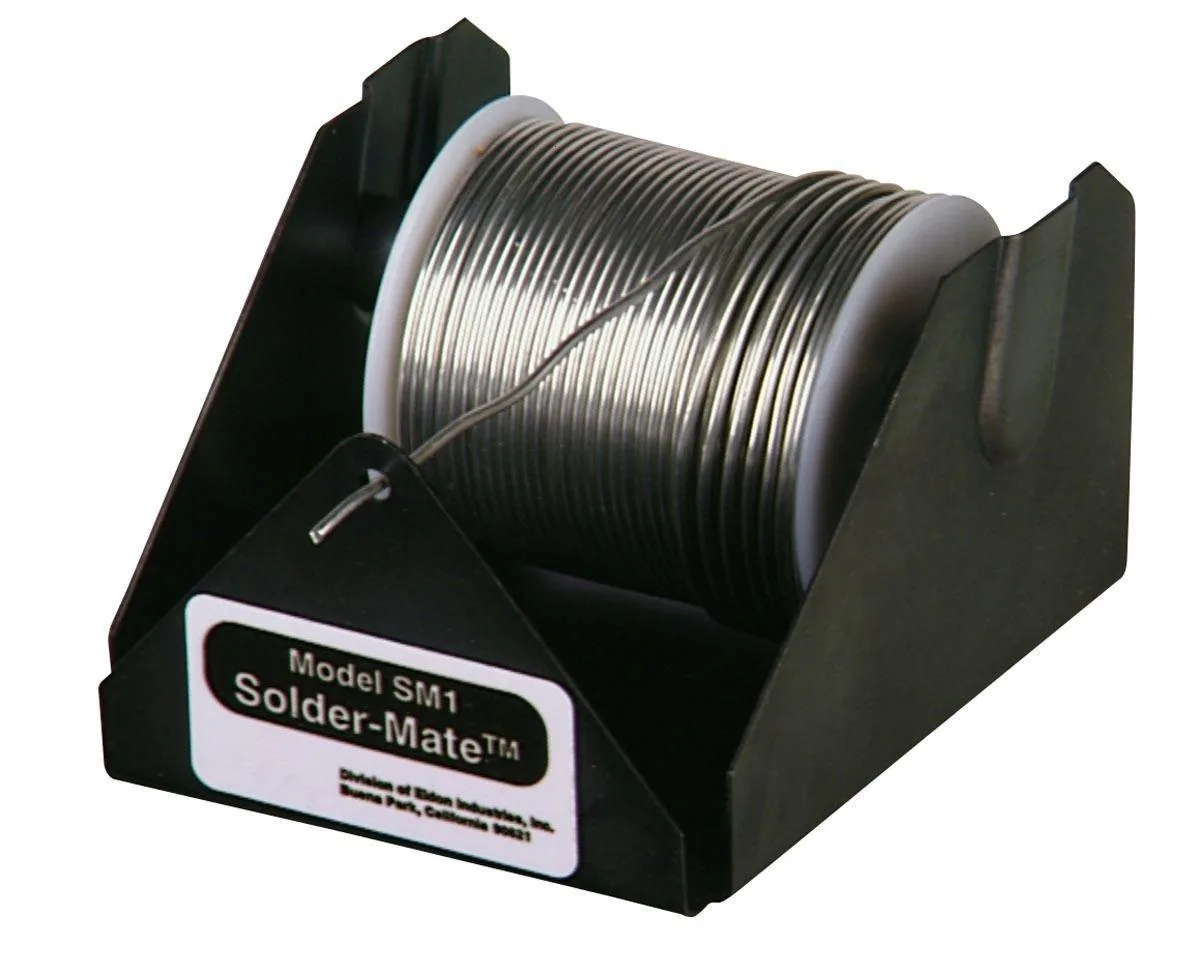 Black handheld solder dispenser with rubber grip, pencil style, 9.0 by 6.0 by 0.375 inches
