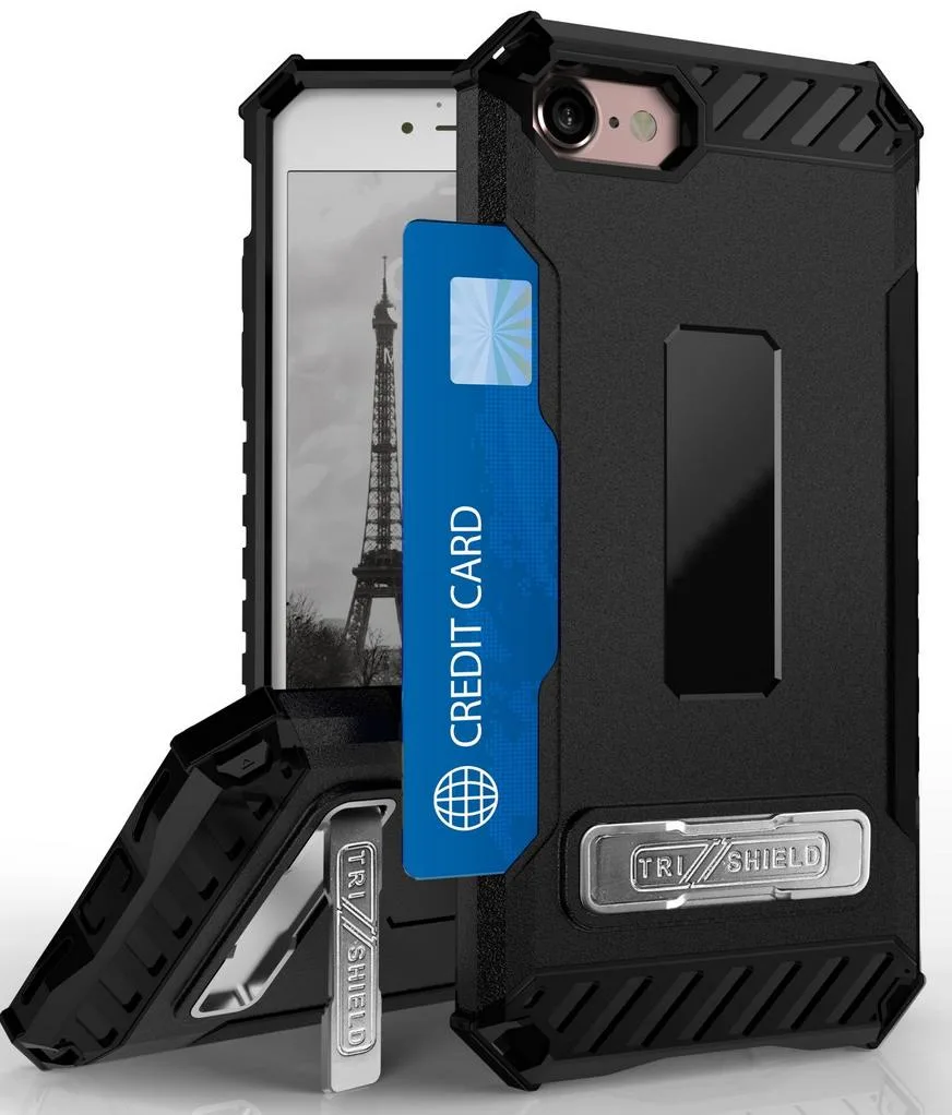 Nakedcellphone Nakedcellphone Tri-Shield Kickstand Case with Card Slot + Lanyard Strap Black/Black IPSE2020-TRISH-BLACK — product photo