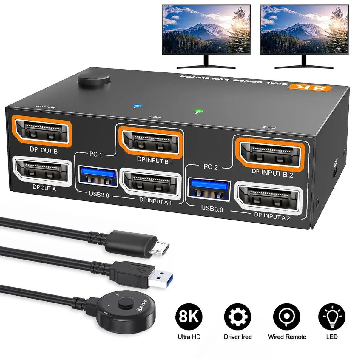 AUTYUE AUTYUE 202DP Dual Monitor DP KVM Switch 8K@30Hz/4K@144Hz 2-Port USB 3.0 — product photo