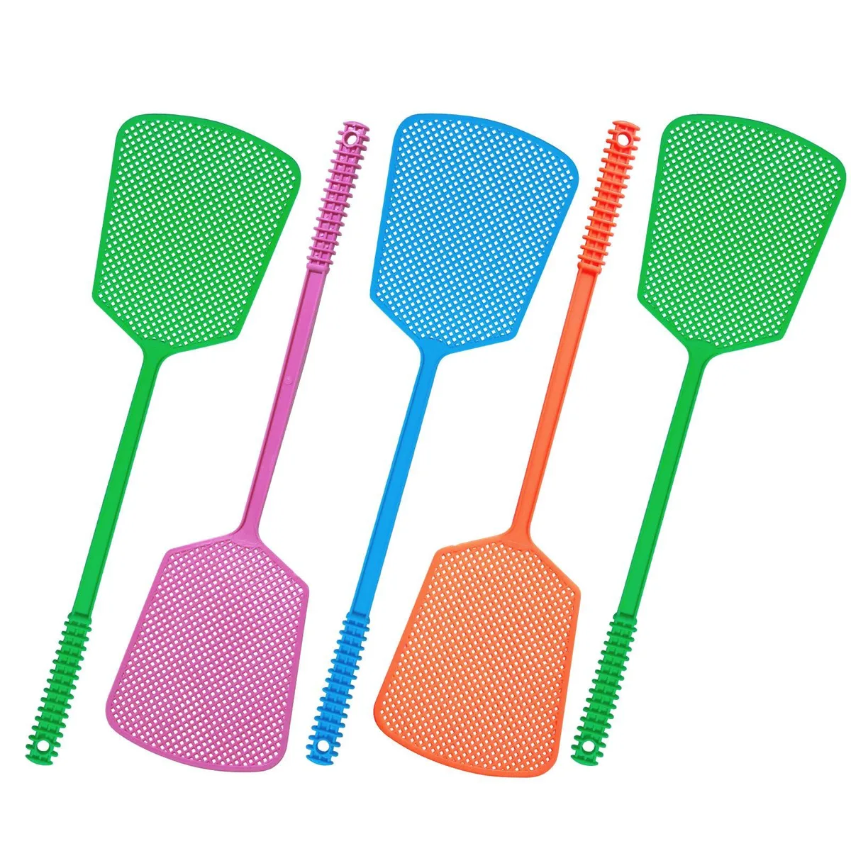 Five plastic fly swatters in blue green pink orange with long handles and large paddles