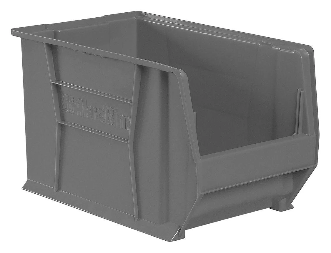 Grey industrial polymer hopper bin with sloped front and divider slots