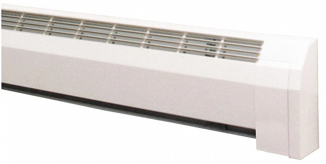 White steel hydronic baseboard heater with aluminium grille, 24 3/4 inches long