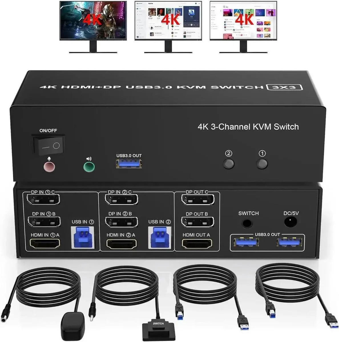 Vszerda Vszerda 1 HDMI + 2 DisplayPort 3-Monitor KVM Switch USB 3.0 2 Computers 4K@60Hz — product photo