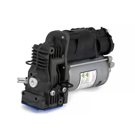 Silver metal air suspension compressor unit with hose fitting and mounting bracket visible