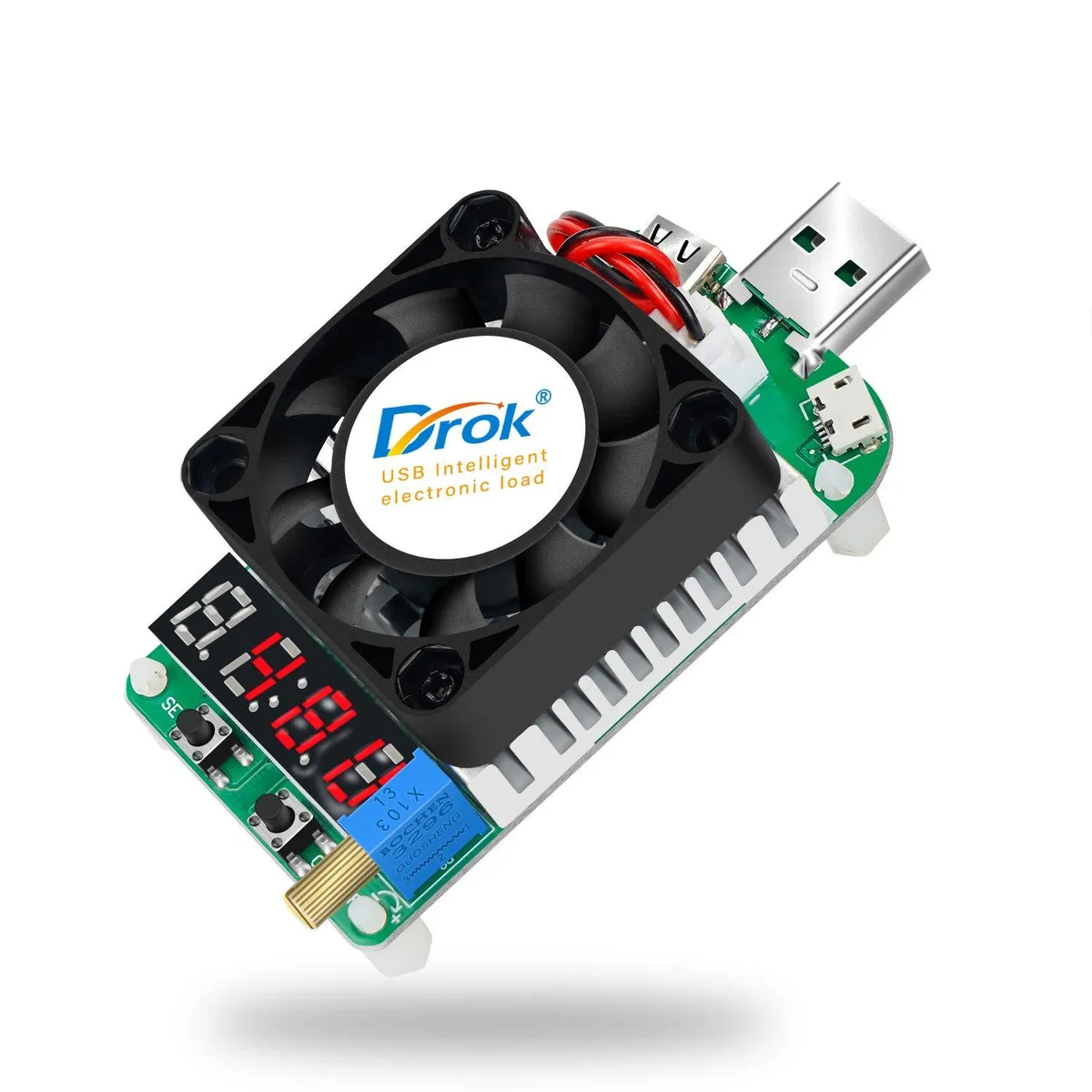 Compact USB-C load tester with 4-digit LED display, cooling fan and adjustment knob