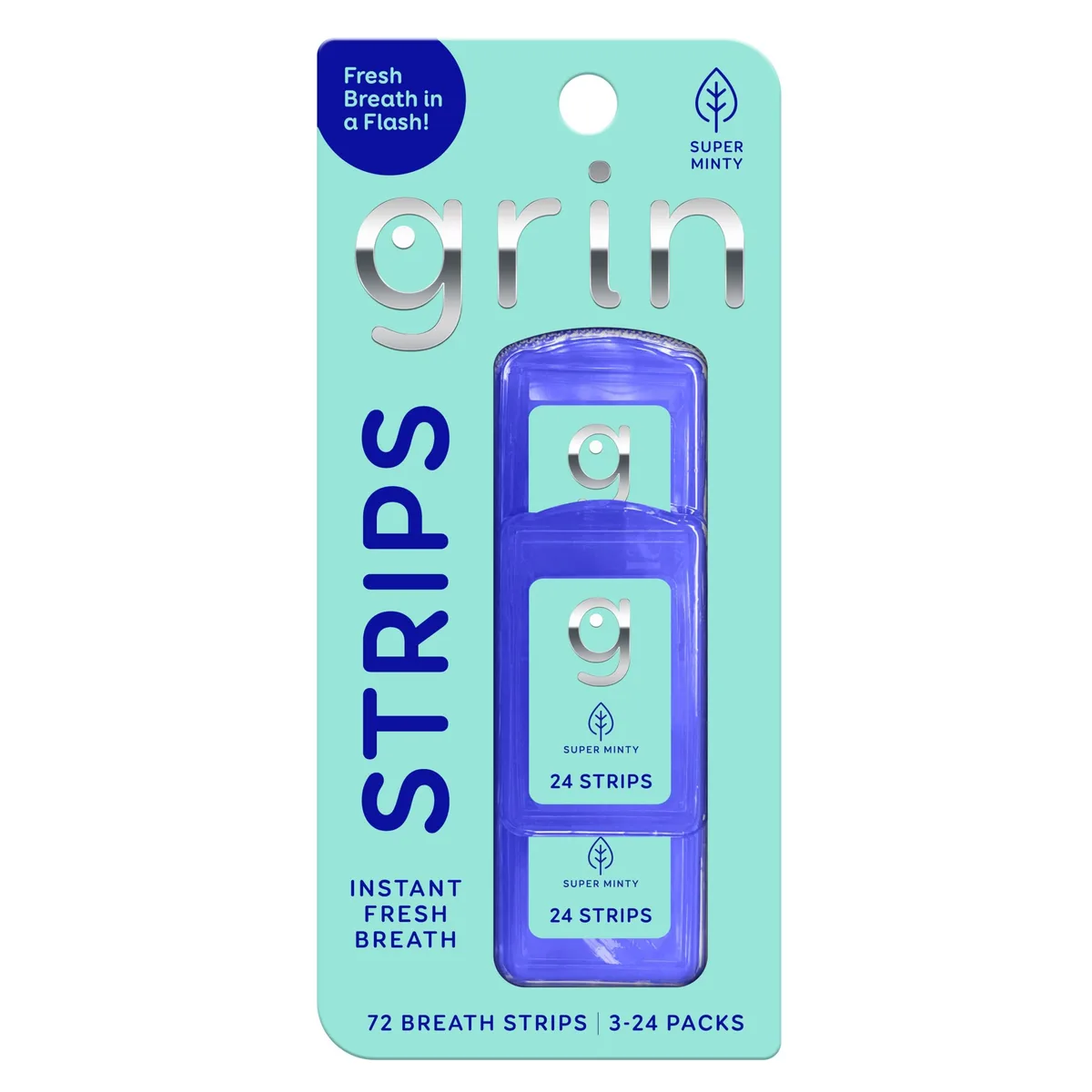 Three slim blue cases holding 72 dissolving mint strips