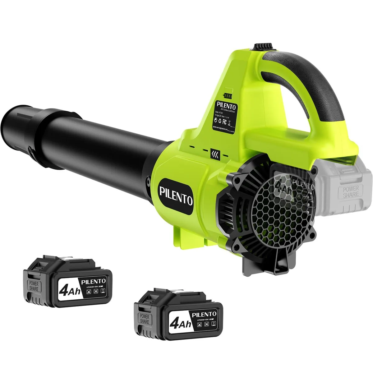 Pilento 20V cordless leaf blower with two 4.0Ah batteries, charger and two detachable tubes