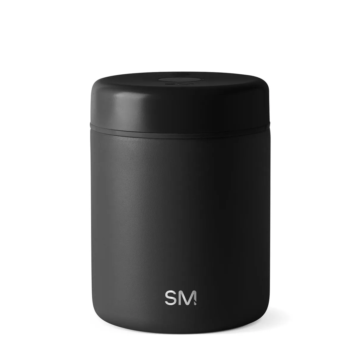 Midnight black cylindrical coffee canister with ceramic lined stainless steel body and rechargeable vacuum seal lid