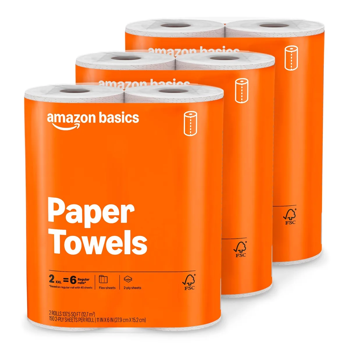 Six rolls of white 2-ply paper towels in plastic packaging