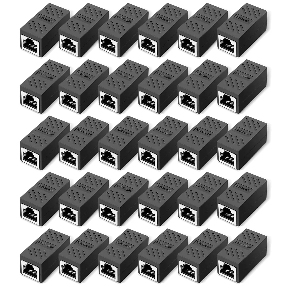 Thirty black RJ45 female-to-female couplers in a box