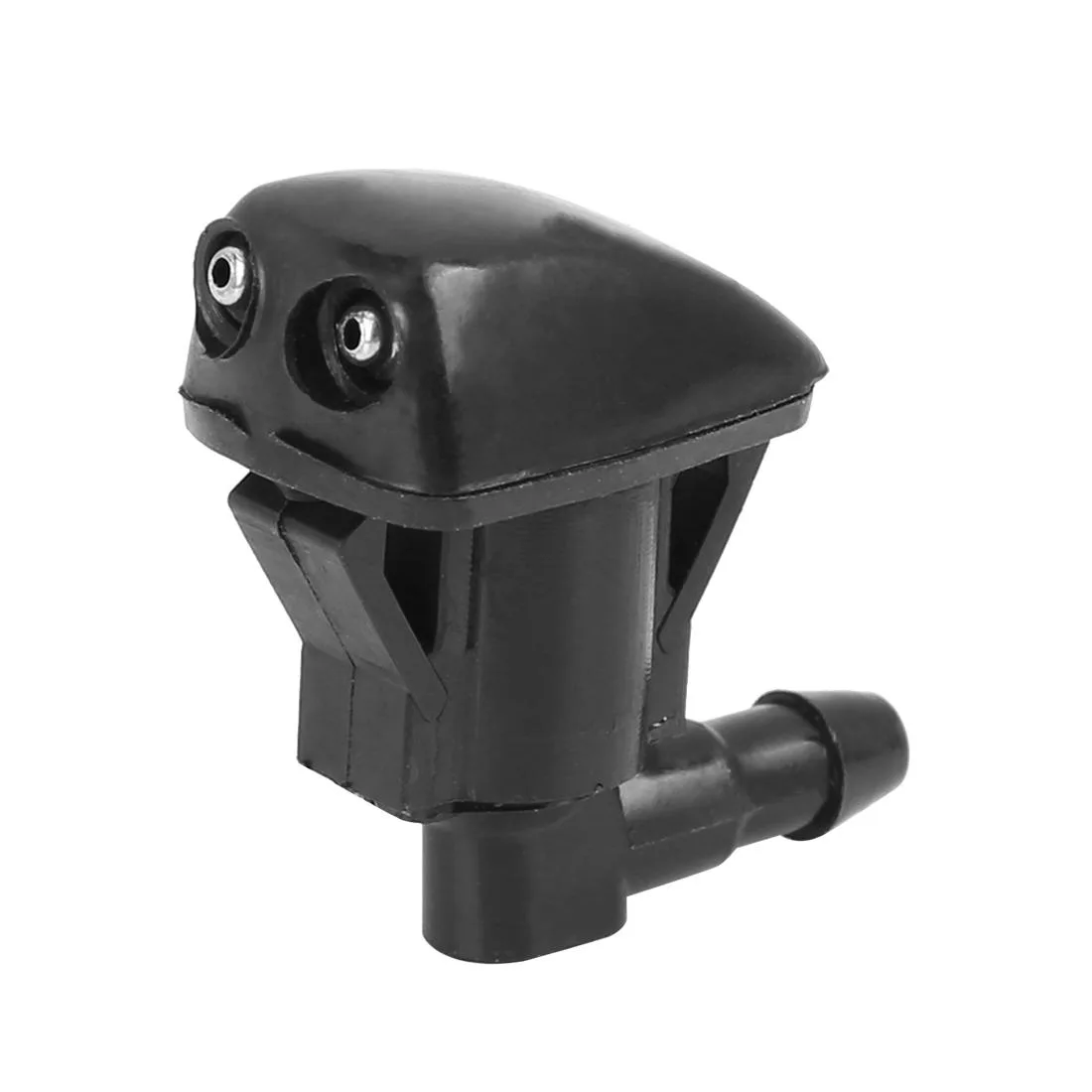 Small black plastic and rubber windshield washer nozzle, rectangular with a central spray tip