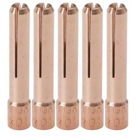 Five small brass collets with tapered ends