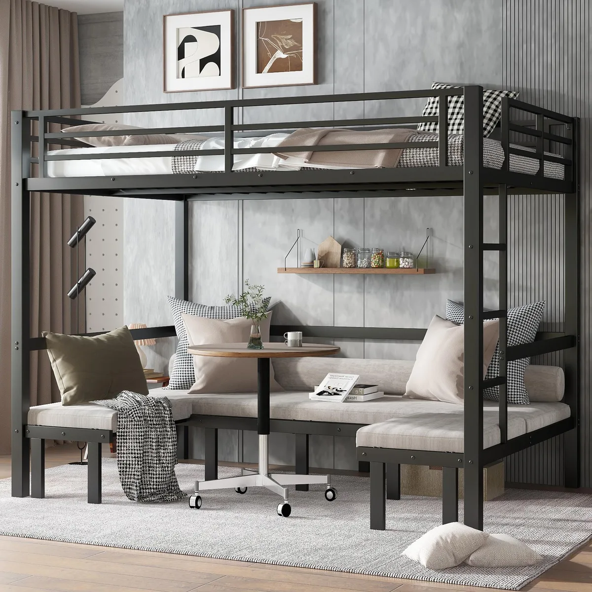 Black metal queen-over-queen bunk bed with pull-out lower sections and full safety rails on top