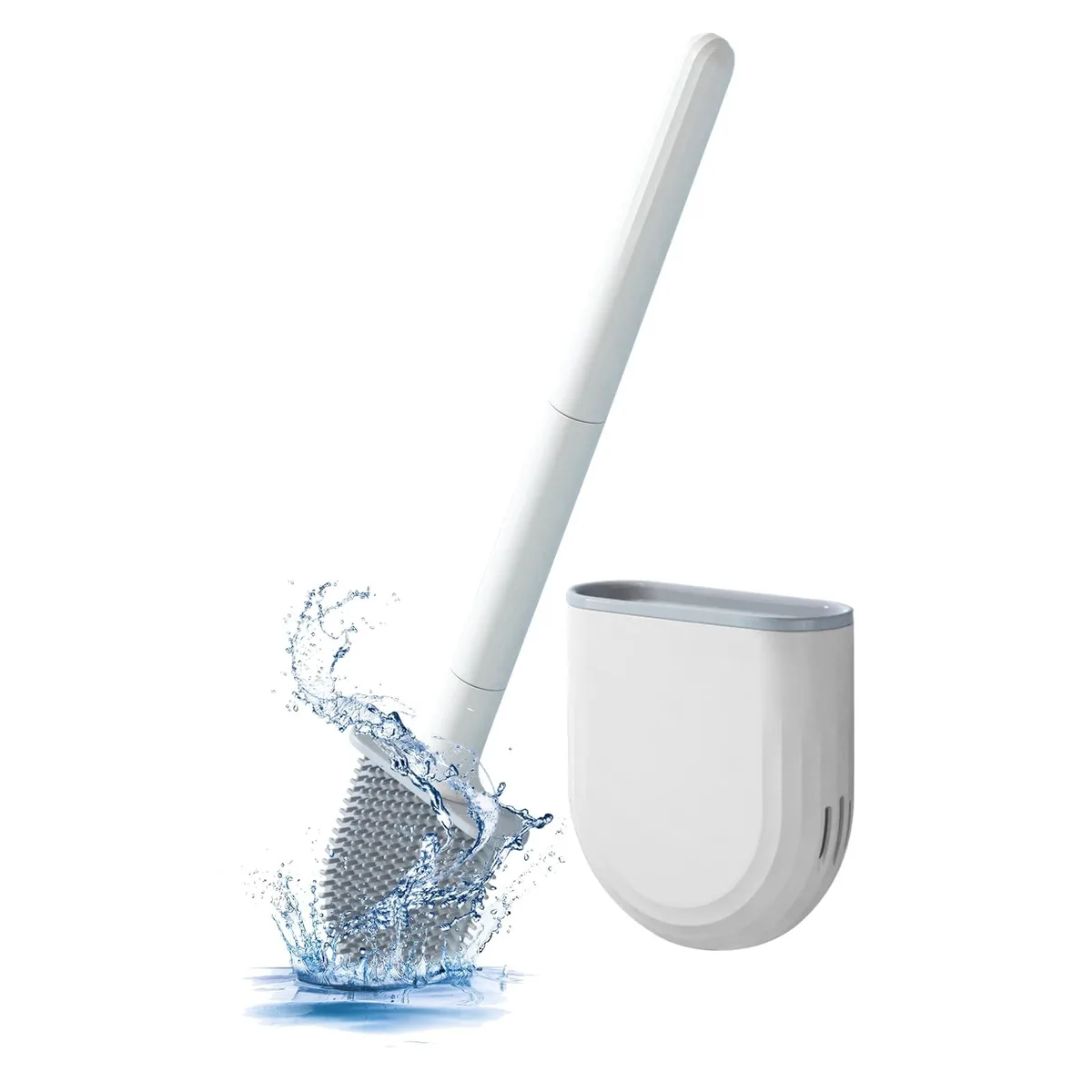 White silicone toilet brush in compact wall-mounted holder