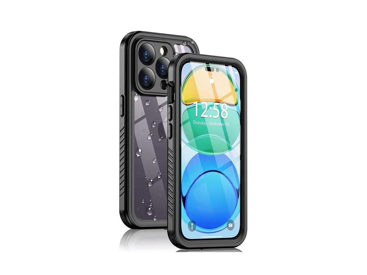 Clear rugged case for iPhone 14 Pro with built-in screen protector and lanyard