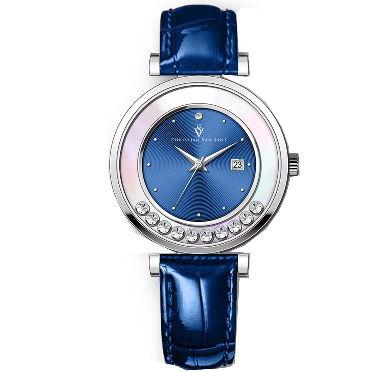 Christian Van Sant Bria blue dial watch with stainless steel case and leather strap