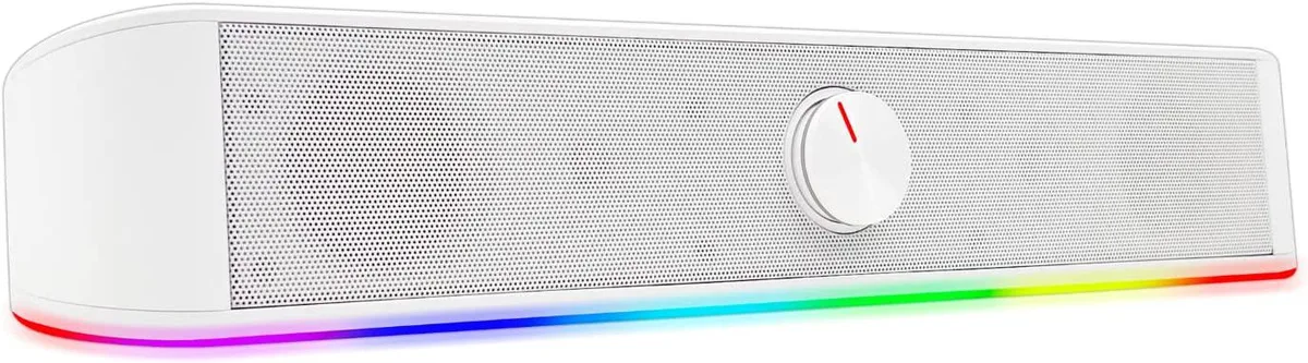 White rectangular USB-powered soundbar with RGB lighting and touch controls