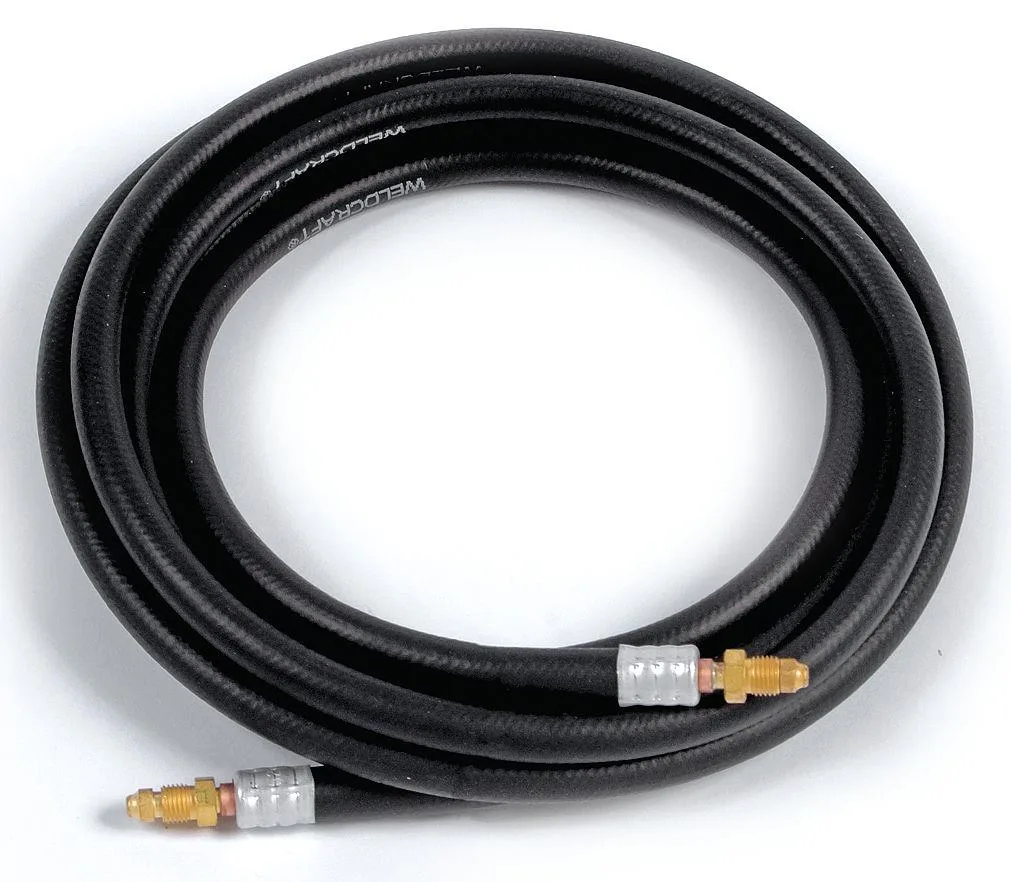 Black rubber welding power cable, 12.5 ft long, coiled on white background
