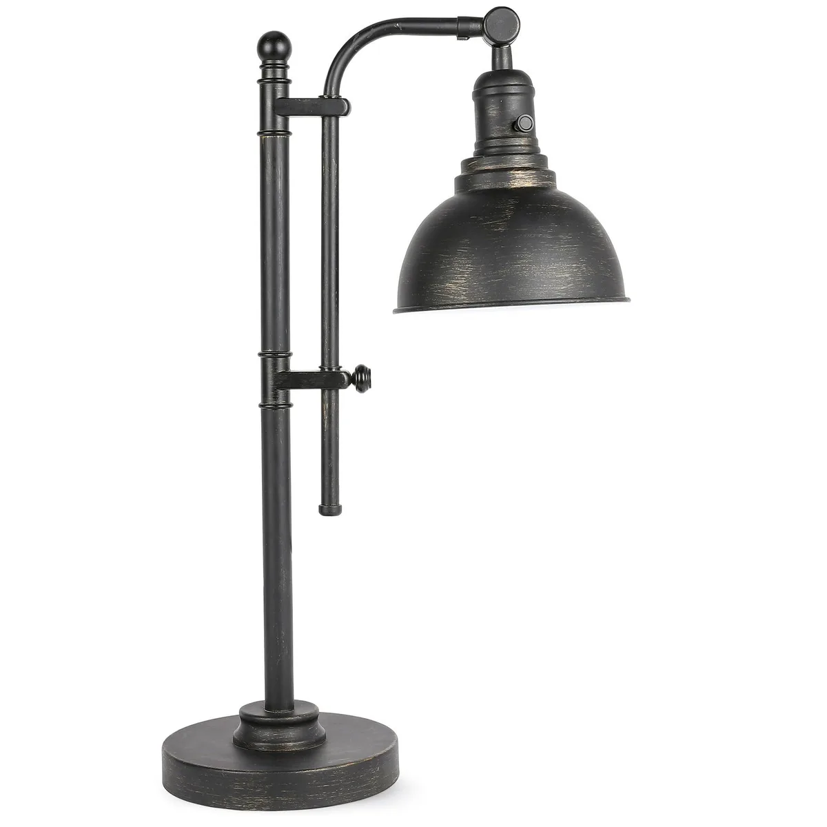 Bronze adjustable desk lamp with rectangular metal shade, weighted base, rotary switch, height range 25 to 29 inches