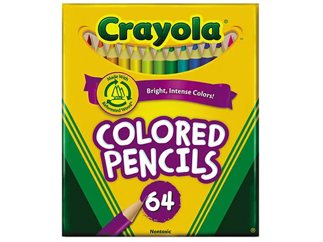 Crayola 64 coloured woodcase pencils in cardboard box with built-in sharpener