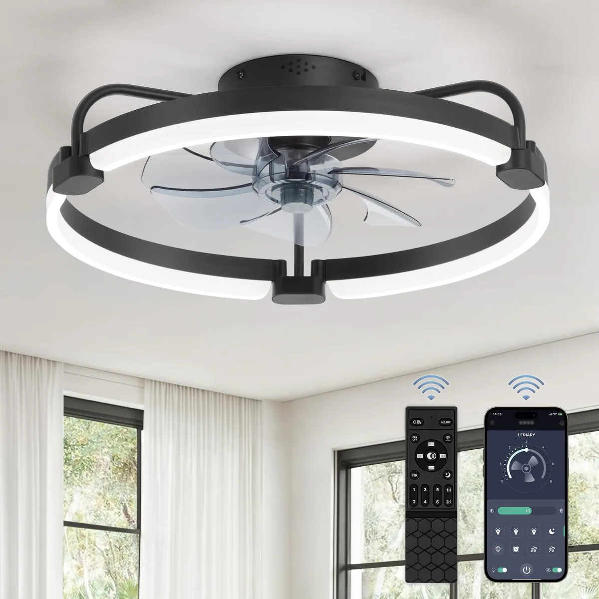 Black low-profile ceiling fan with integrated LED light, seven black blades, flush-mount design, remote and app controlled
