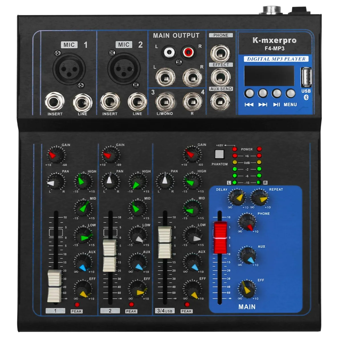  K-mxerpro 4 Channel Audio Mixer Bluetooth 48V Phantom Power — product photo