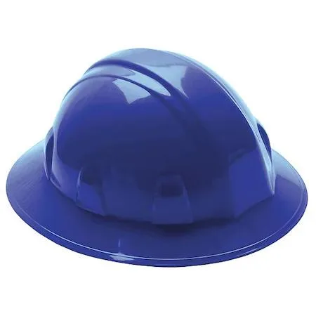 Blue full-brim hard hat with ratchet suspension