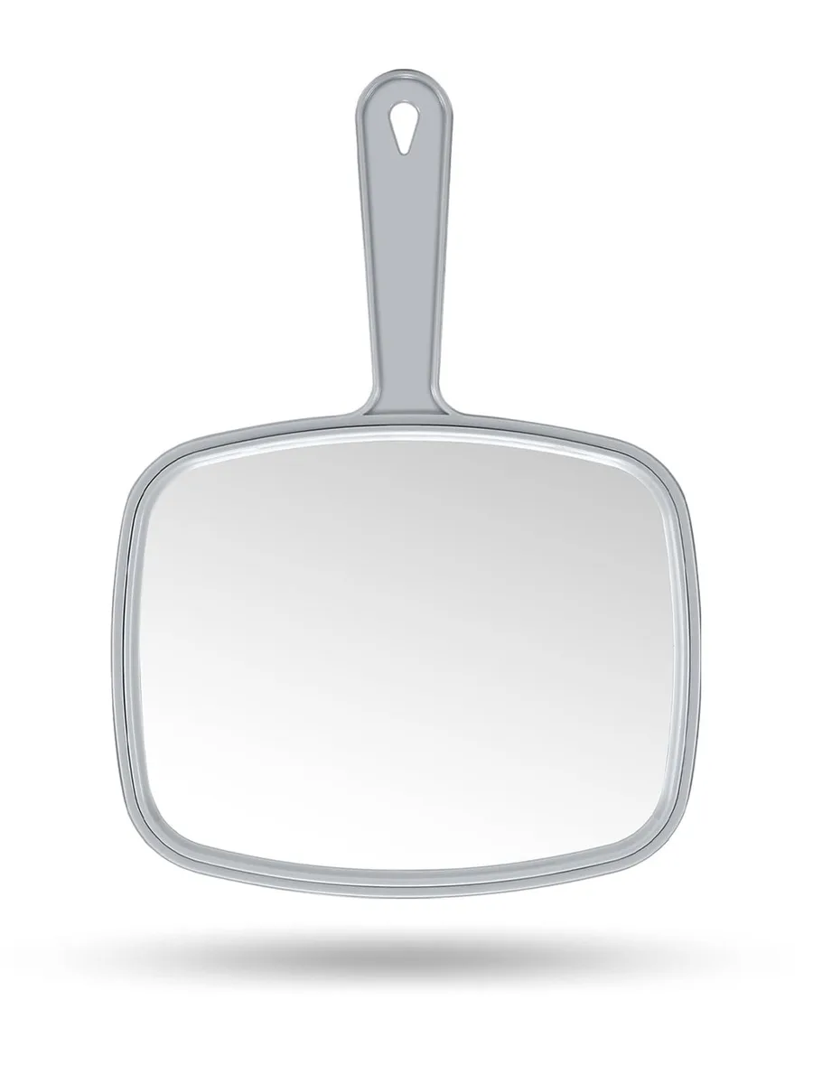 Grey rectangular handheld mirror with metal frame and handle 7.4 x 10.3 inches