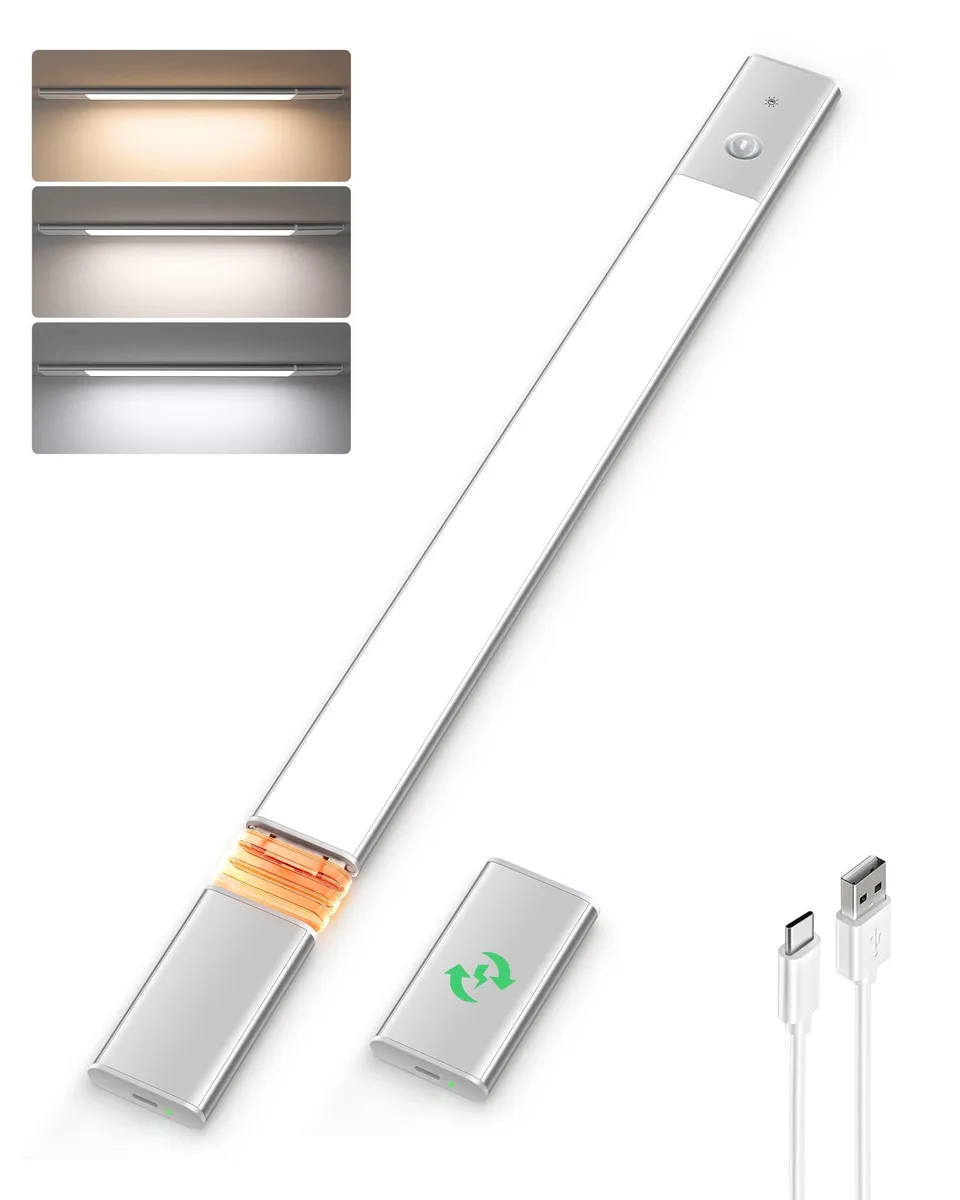 Silver rectangular LED light bar with detachable battery pack and magnetic mount