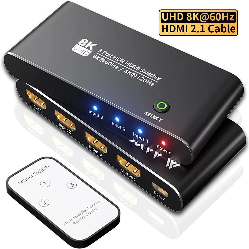 LUOM LUOM TJ-A210 3×1 HDMI 2.1 video switch 8K@60Hz 4K@120Hz remote — product photo