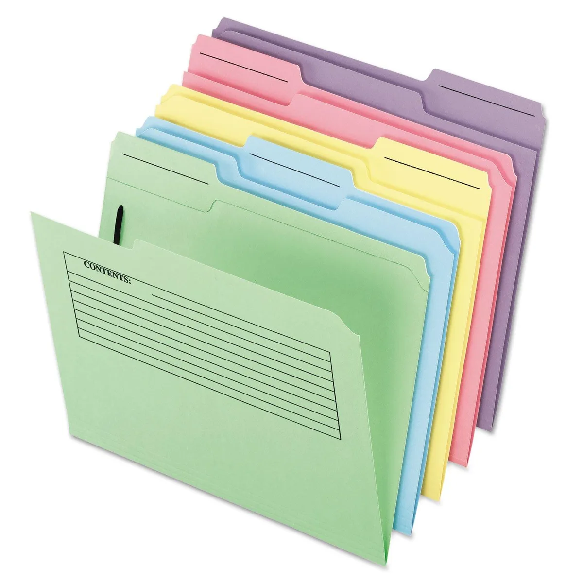 Pack of 30 translucent polypropylene letter folders with top tabs and fasteners in assorted colours