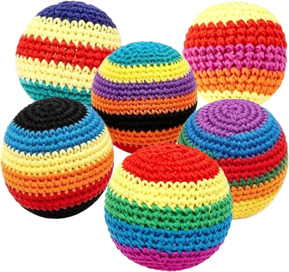 Six colourful crocheted cotton footbags in a set