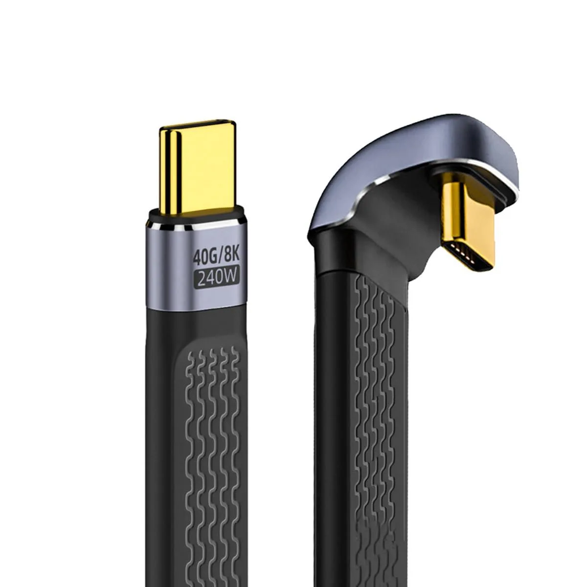 Short flat USB-C cable with opposite U-shaped angled connectors, dark finish