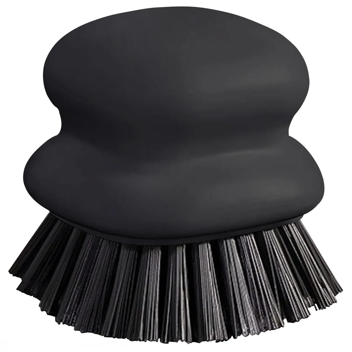 Black nylon-bristled dish brush with ergonomic handle, compact rectangular form