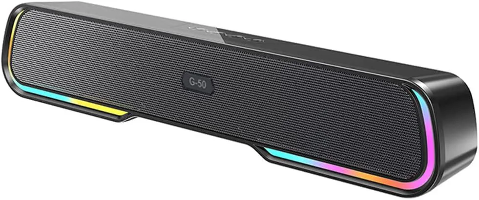 Slim black soundbar with RGB lighting, Bluetooth 5.0 and 3.5 mm aux, 16.5 x 2.44 x 2.7 inch