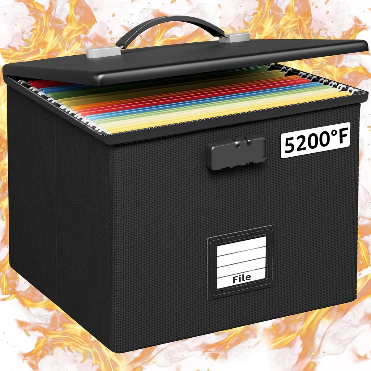 Black fireproof document box with handle, 15.7 inch cube, 3-layer construction