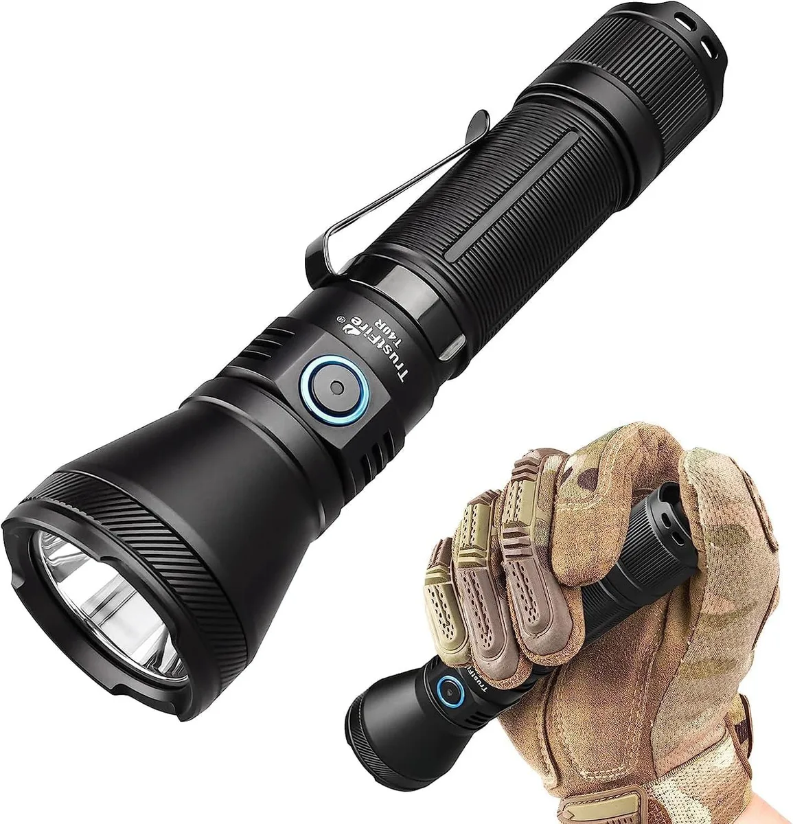 Black cylindrical tactical flashlight with dual switches and textured grip