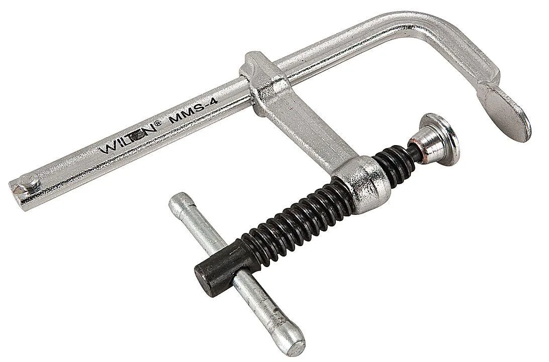 A steel bar clamp with a steel handle, swivel V-groove jaw pad and extruded steel bar