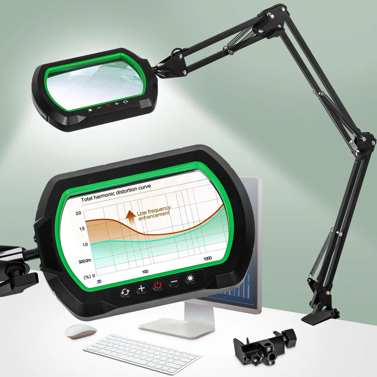 Green rectangular magnifier lamp on 43-inch three-section swing arm with metal clip base