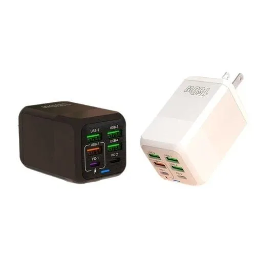 White six-port USB-C charger block with four cables