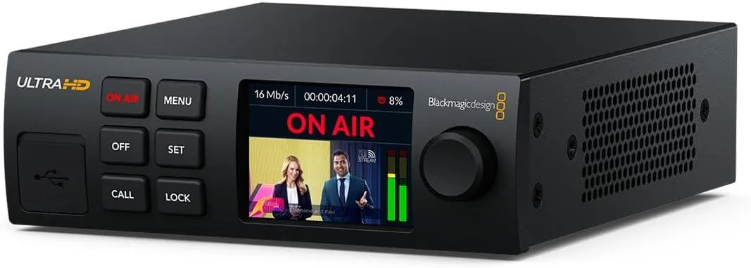 Black rectangular streaming encoder with front panel buttons and a spin knob