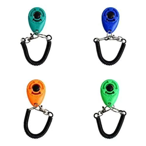 Four teal green orange and light blue clickers with wrist straps