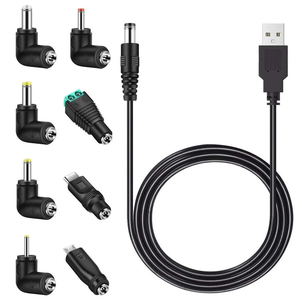 Black USB-to-barrel cable with eight interchangeable DC tips coiled together