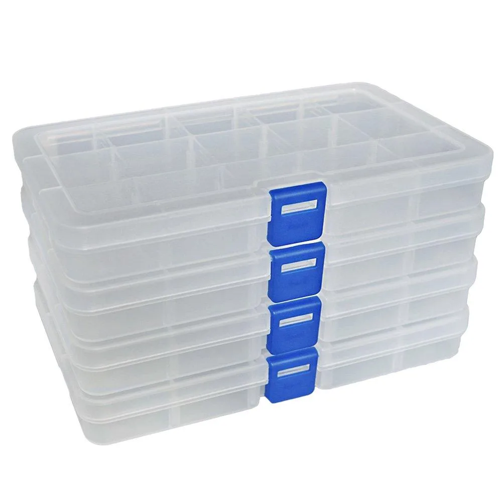 Four white plastic boxes with 15 clear compartments each