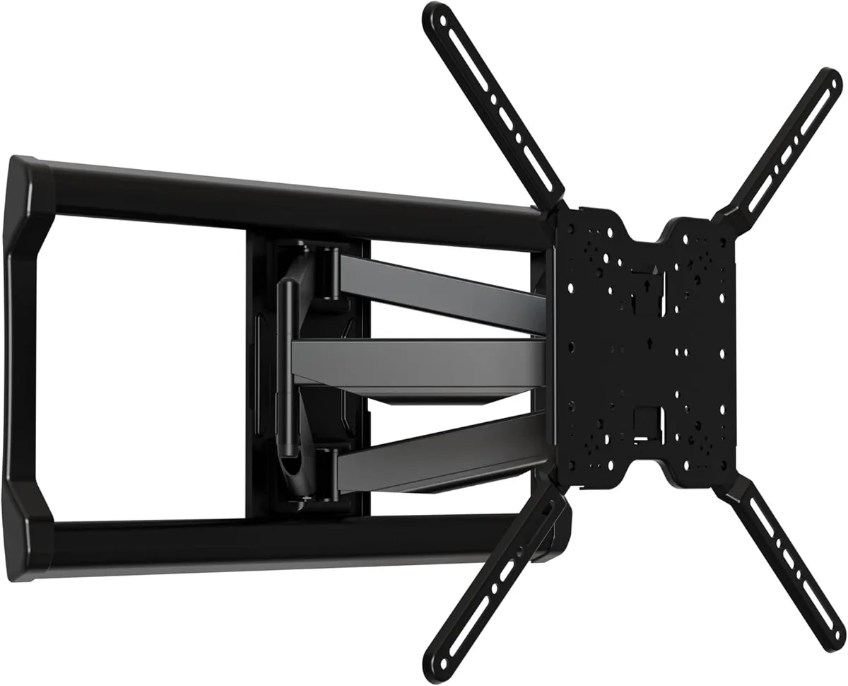 Black full-motion TV wall mount with dual articulating arms extended 24 inches, cable management channels visible
