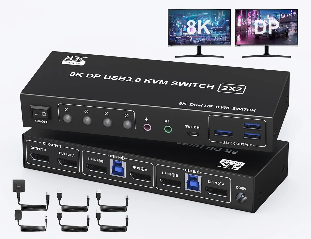 BUCIER BUCIER DP202D-USB3.0-8K-C KVM Switch 2 Monitors 2 Computers 8K60Hz 4K144Hz 3 USB 3.0 Ports — product photo