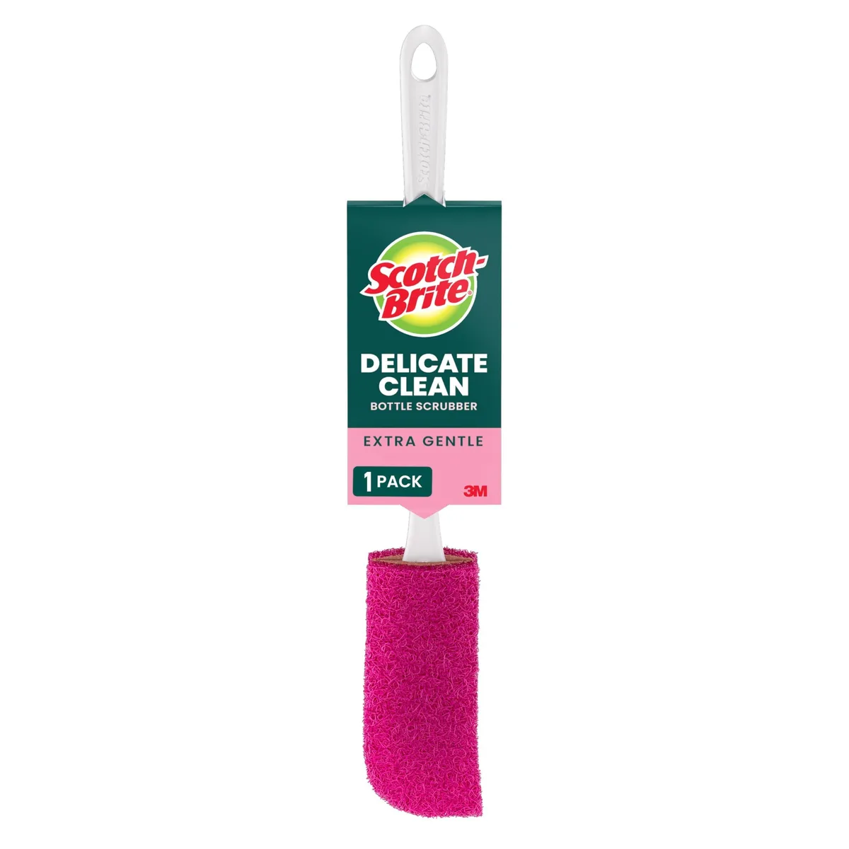 Single Scotch-Brite bottle scrubber with slim handle and soft pad, safe for glass plastic stainless steel
