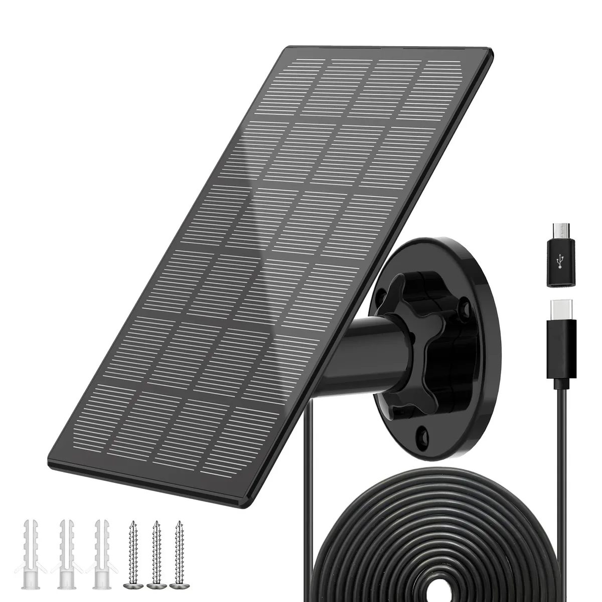Black rectangular solar panel with 360° adjustable bracket and 10ft cable